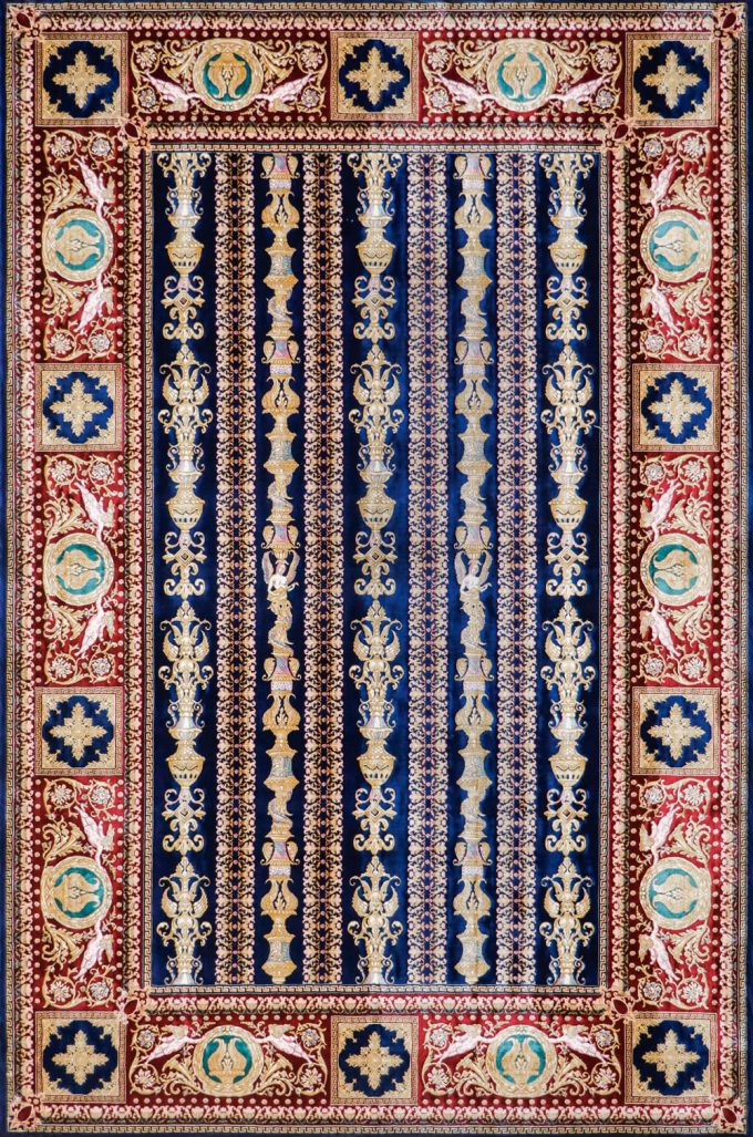 فرش ابریشمی آزیتا رنگ آبی کاربنی از کالکشن قم