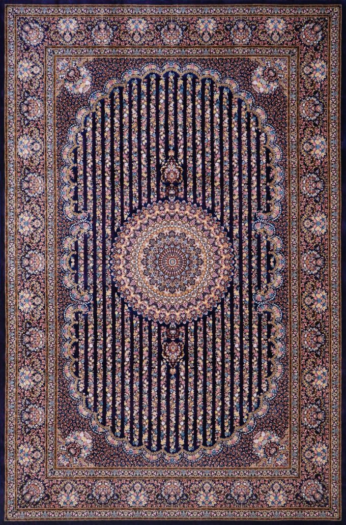 فرش ابریشمی گلستان رنگ آبی کاربنی از کالکشن قم