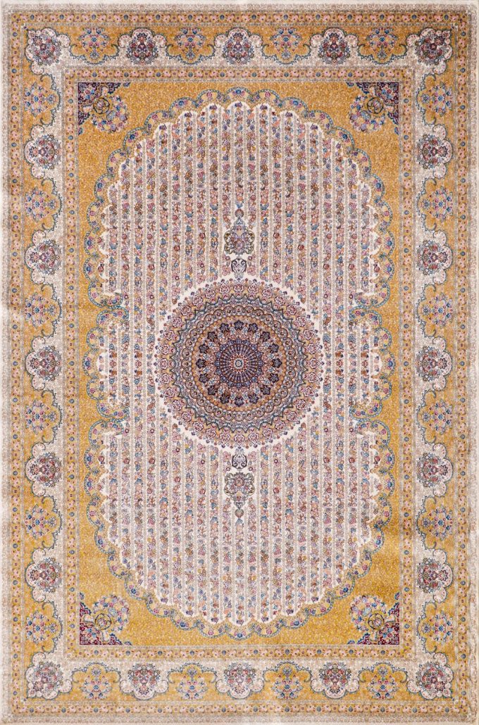 خرید فرش ابریشمی گلستان رنگ زرد از کالکشن قم