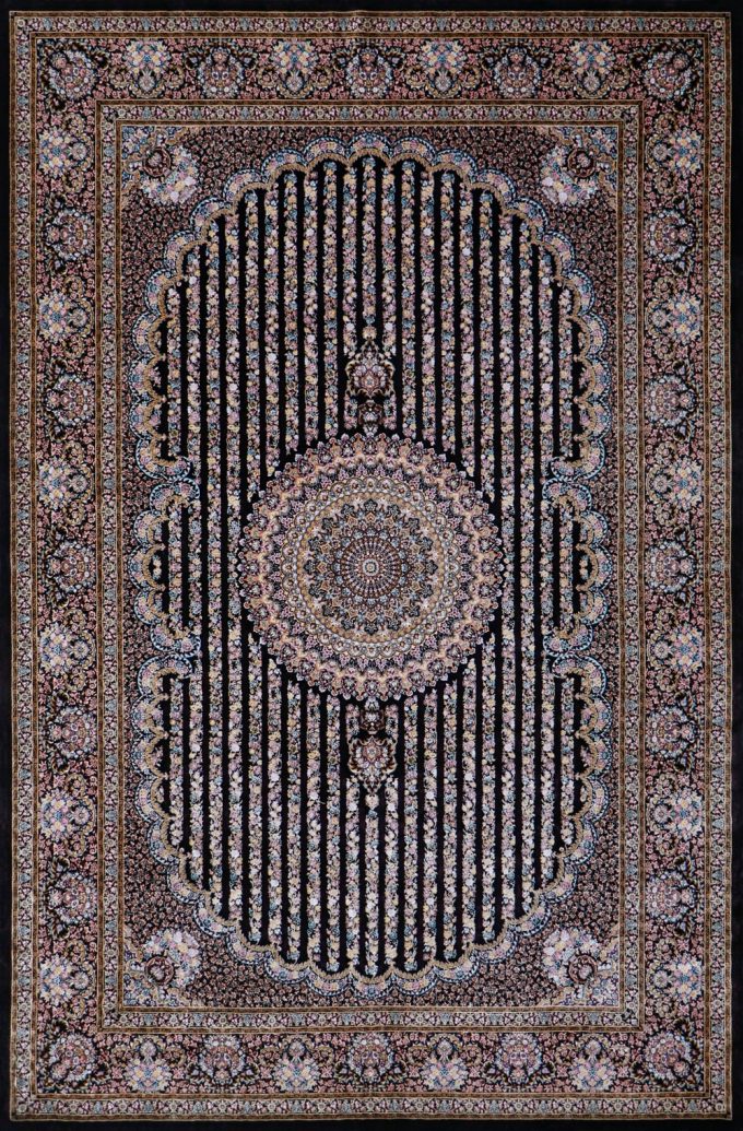 فرش ابریشمی گلستان رنگ مشکی از کالکشن قم